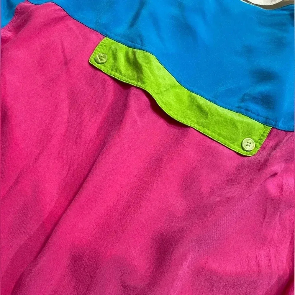 Lightweight Vintage Color block 3/4 Sleeve Silk Button Up Shirt Cinched Waist Sm - Picture 8 of 15
